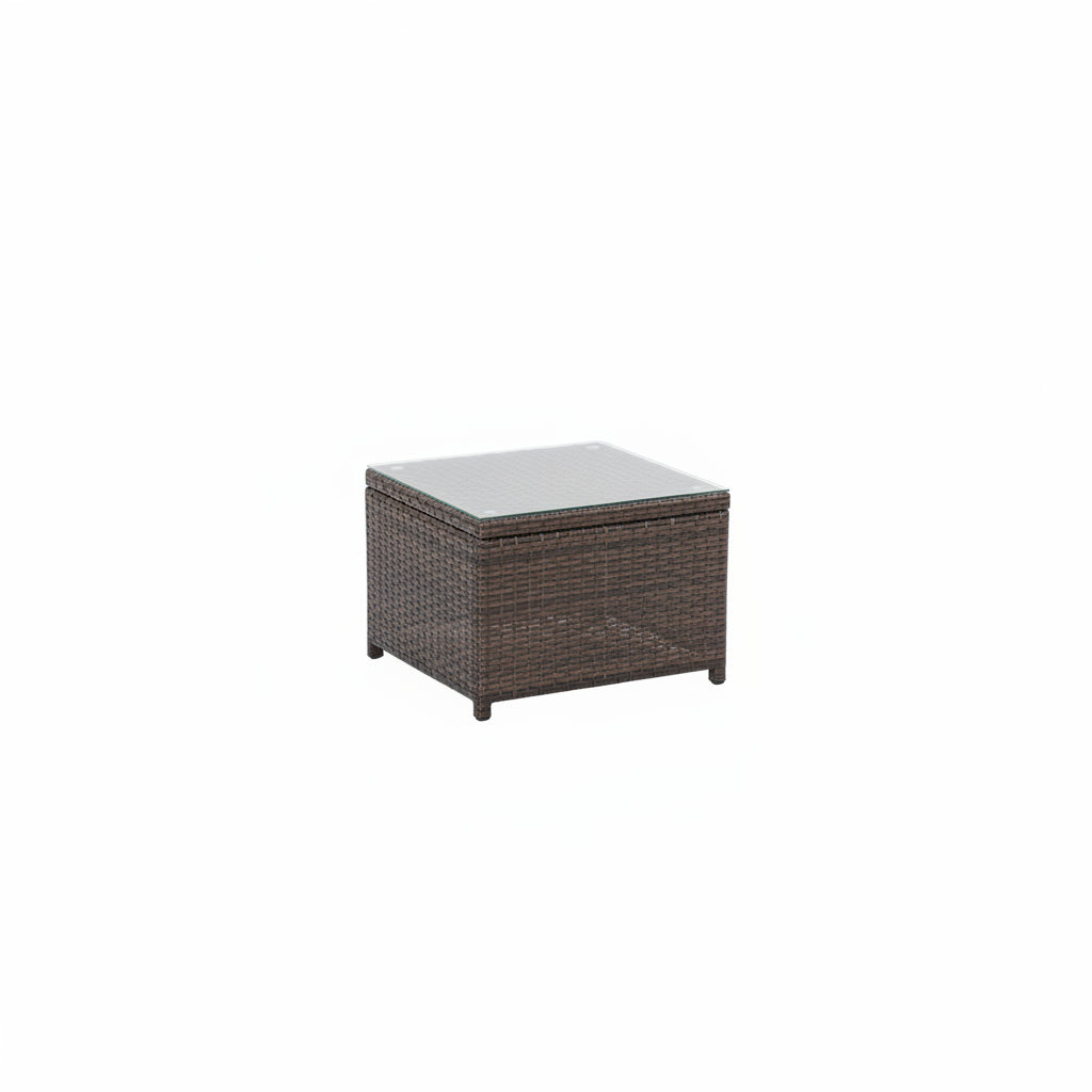 Left Hand Facing Outdoor Brown Rattan Corner Sofa with Coffee Table and Grey Cushions