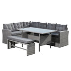 Outdoor Rattan Corner Sofa with Table and Bench in Grey