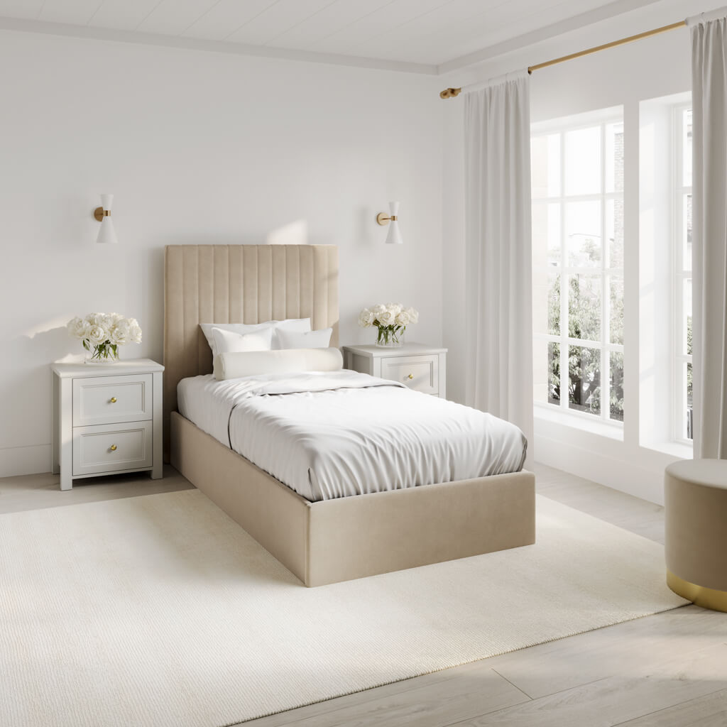 Beige Tall Single Ottoman Bed
