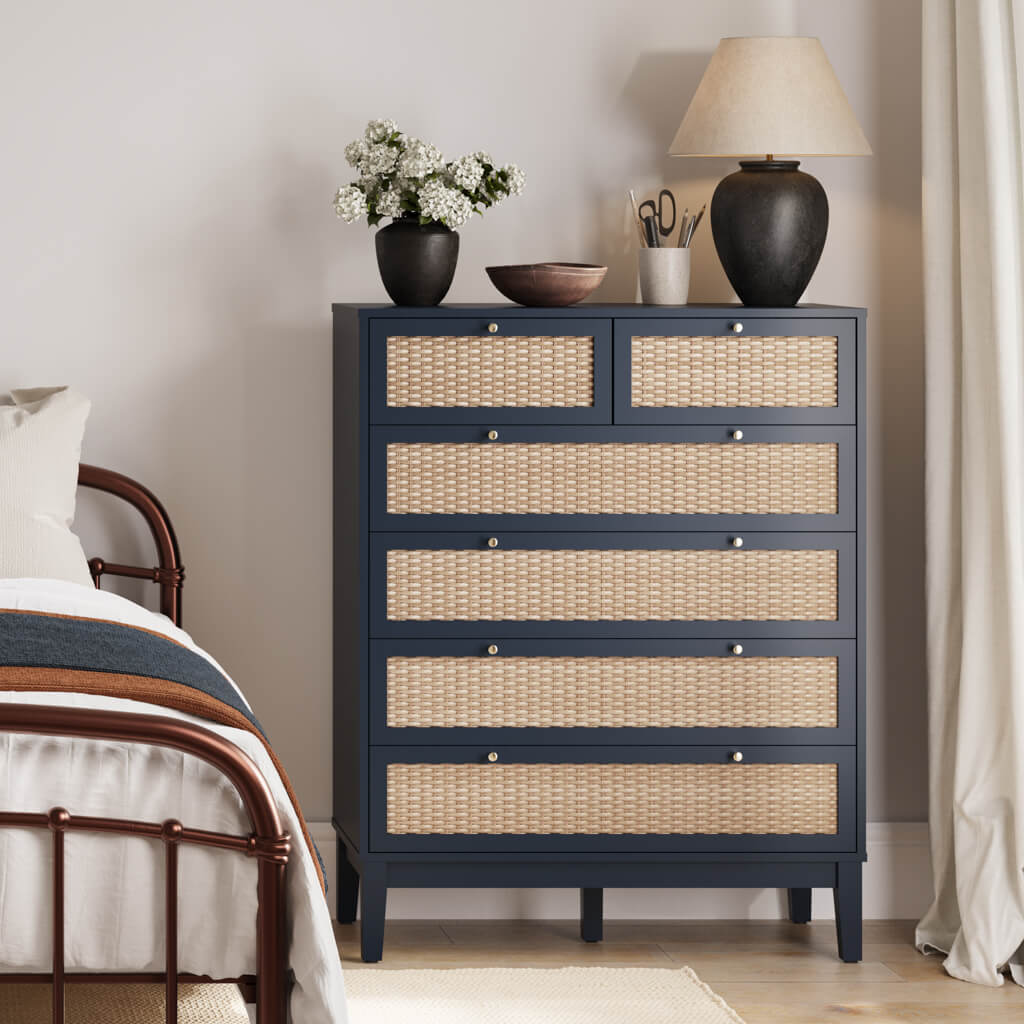 Blue and Rattan Chest Of Drawers