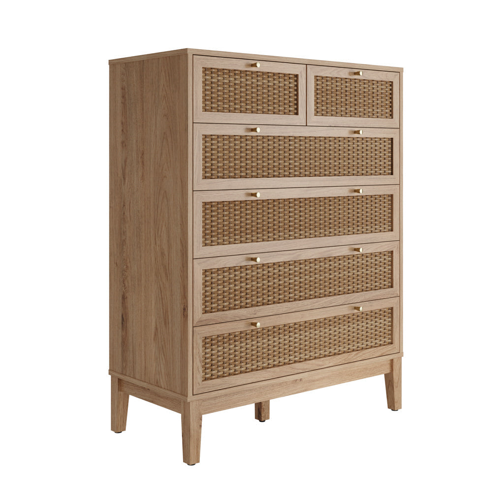Oak & Rattan Chest Of Drawers