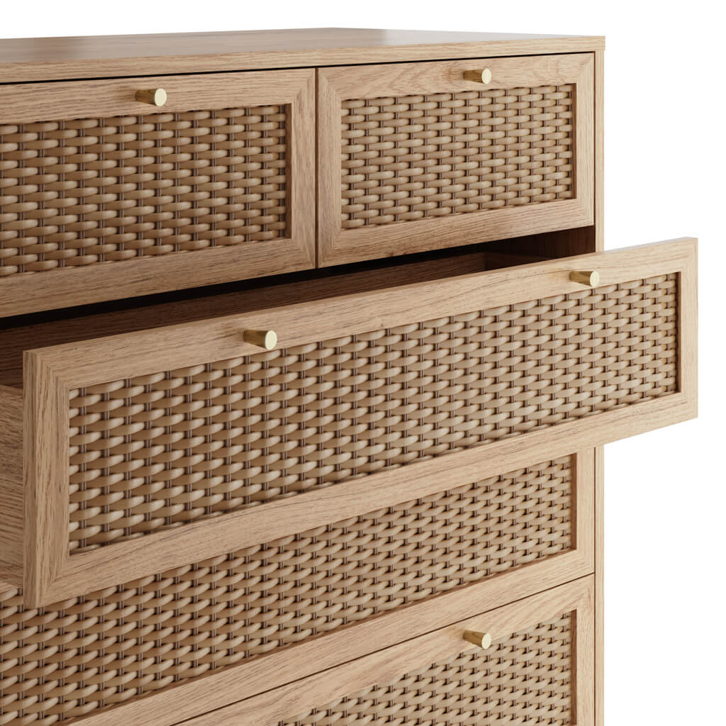 Oak & Rattan Chest Of Drawers