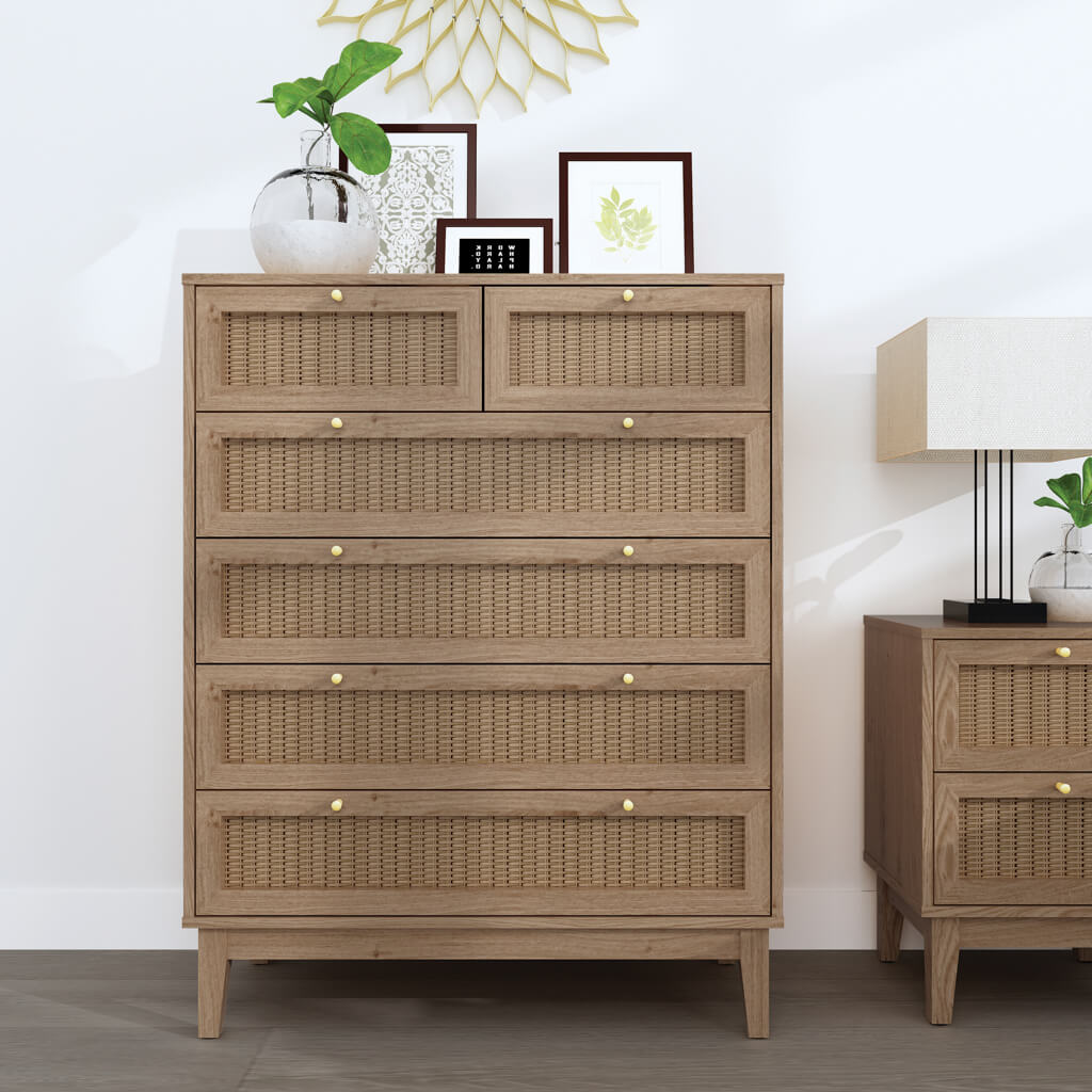 Oak & Rattan Chest Of Drawers