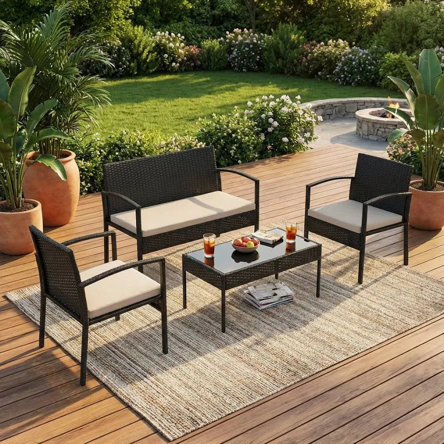 Cedar 4pc Garden Set - Black | Black Rattan Garden Furniture Sey, The Range, B&Q, Tesco. We are the lowest price in the united kingdom at only £109.99. 4 Piece Black Rattan Garden Furniture Set. Black Rattan Garden Armchair, Black Rattan Garden Sofa, Black Rattan Garden Coffee Table. 