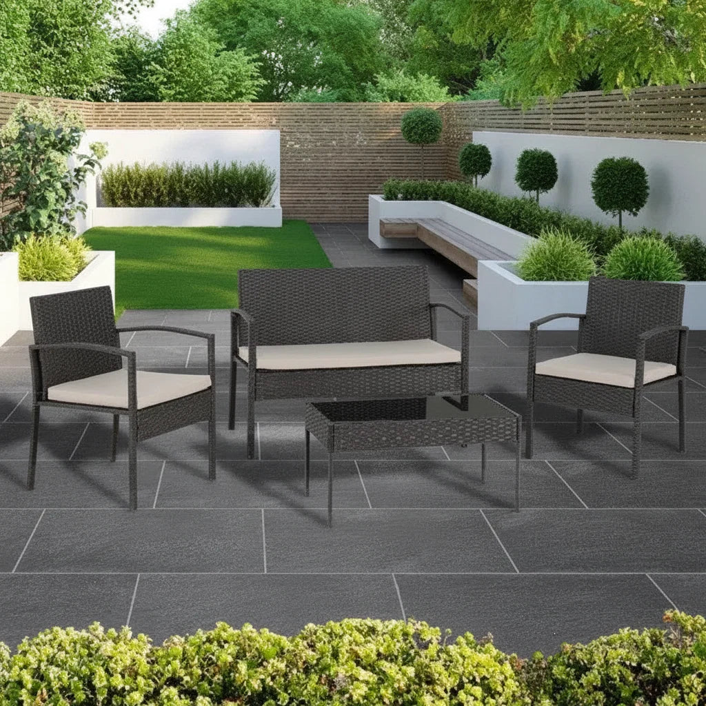 £109.99 CEDAR 4 PIECE GARDEN SET IN BLACK BY SECONIQUE. ALSO SOLD AT TESCO, THE RANGE, B&Q AND WILKO - OUR PRICE £109.99 - LOWEST PRICE IN THE UNITED KINGDOM GUARANTEED. 
Cedar 4pc Garden Set - Black | Black Rattan Garden Furniture Sey, The Range, B&Q, Tesco. We are the lowest price in the united kingdom at only £109.99. 4 Piece Black Rattan Garden Furniture Set. Black Rattan Garden Armchair, Black Rattan Garden Sofa, Black Rattan Garden Coffee Table. 