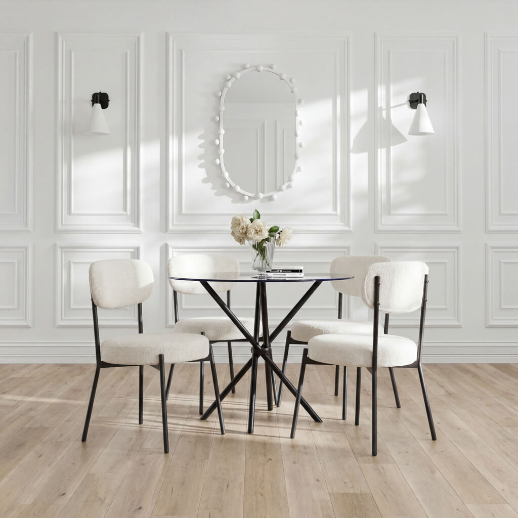 Casa Black Round Dining Table with 4 Smith Ivory Chairs