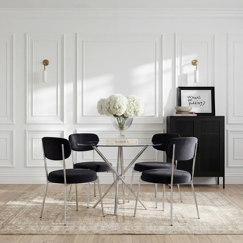 Casa Round Silver Dining Table with 4 Smith Black Chairs