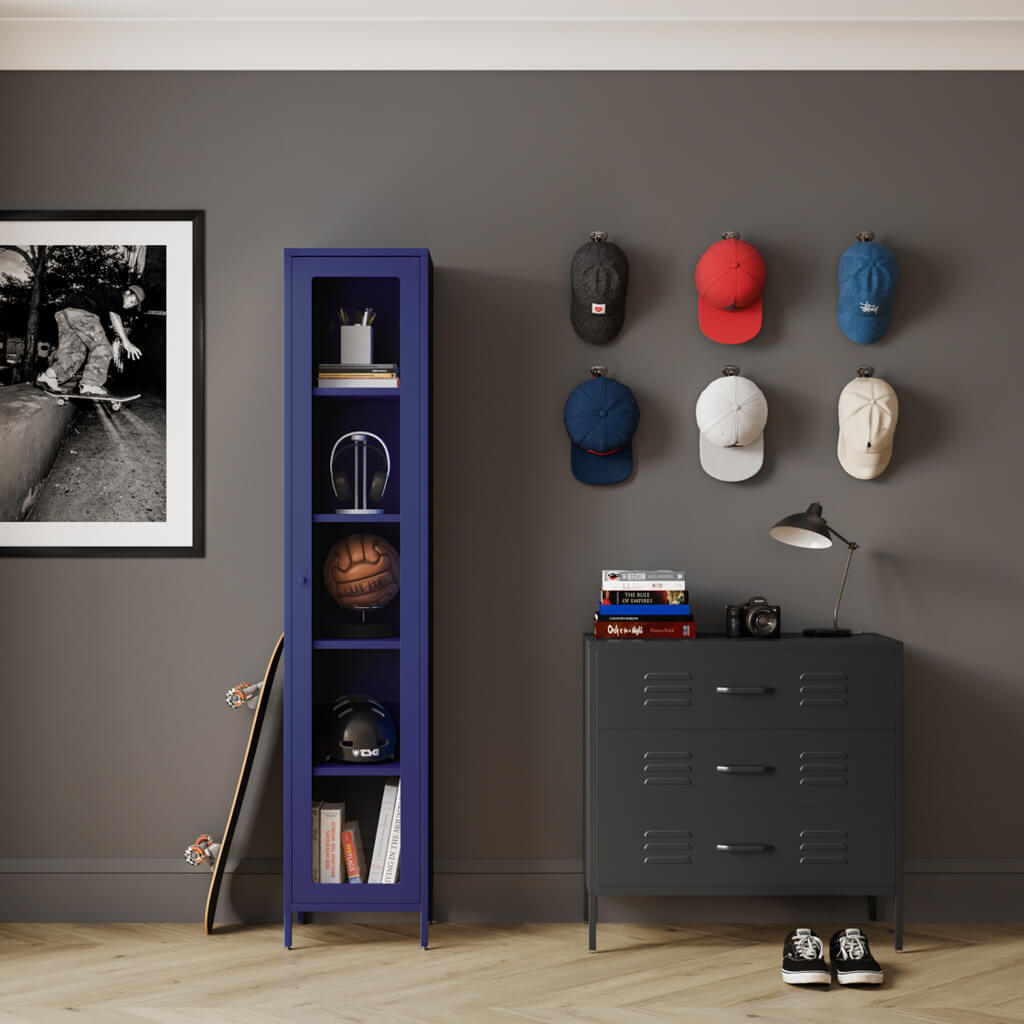 Modern Tall Thin Blue Display Cabinet