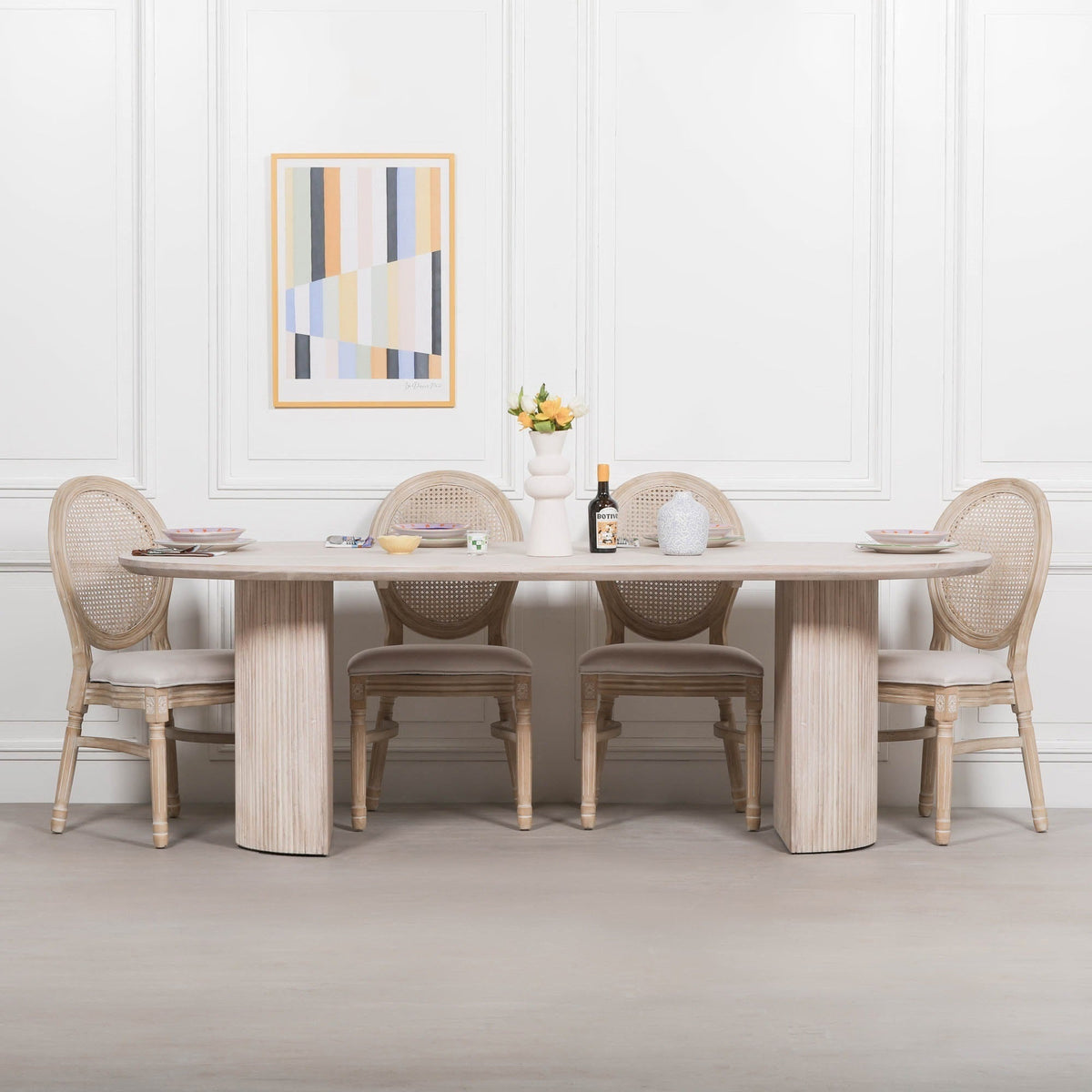 Blanche Acacia Fluted Oval Dining Table With 6 Louis Chairs