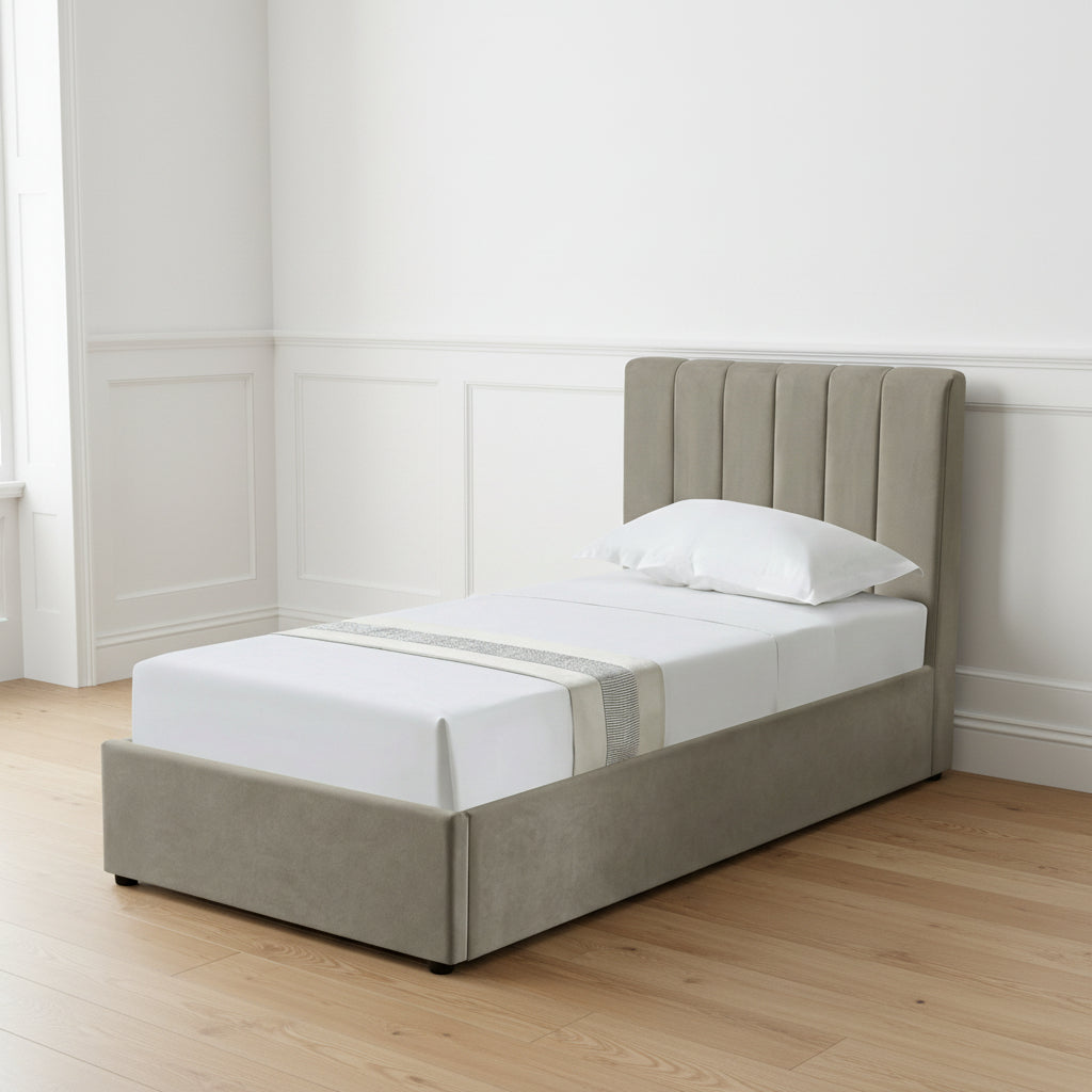 HAROLD SINGLE OTTOMAN BED IN LIGHT BROWN WITH A FREE MATTRESS