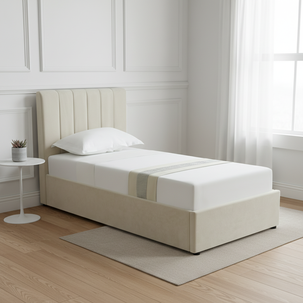 HAROLD SINGLE OTTOMAN STORAGE BED IN BEIGE WITH A FREE MATTRESS
