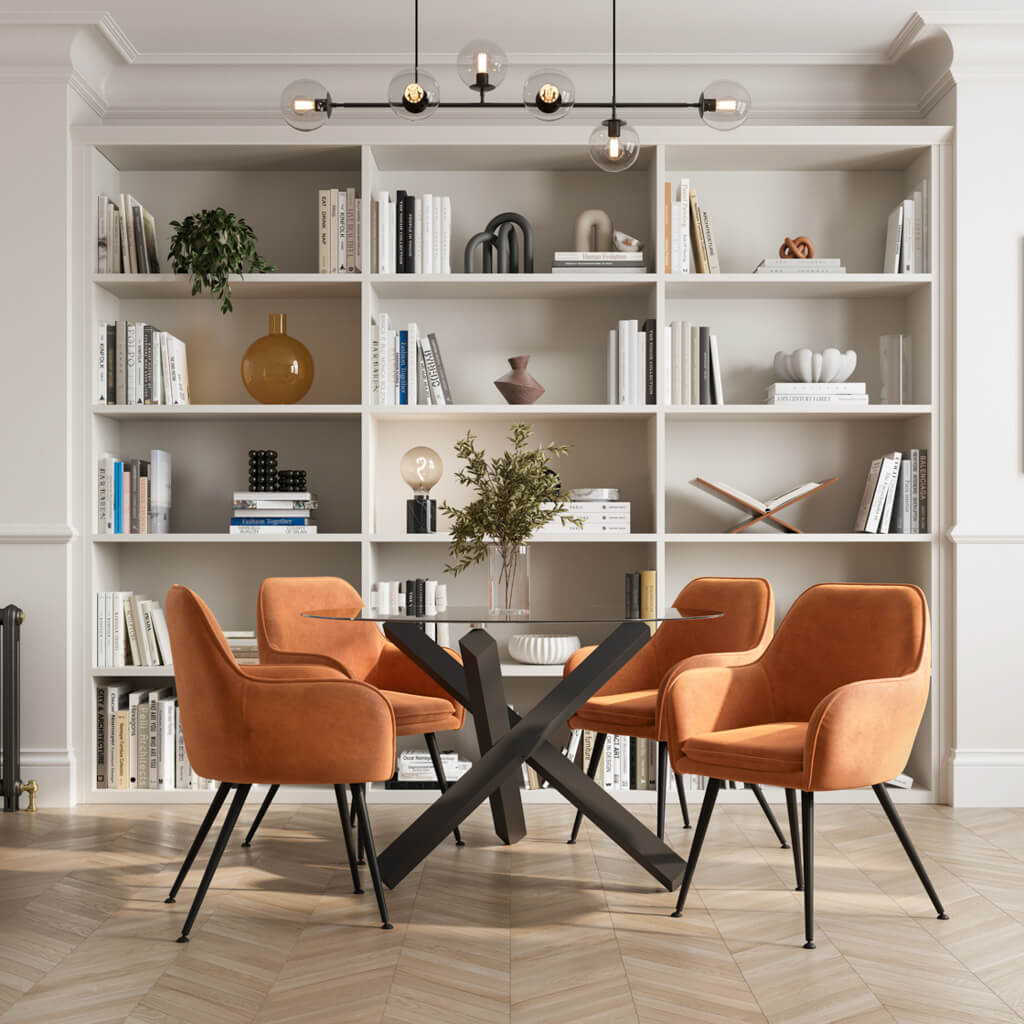 Harry Christian Home 4 Cosy Dining Chairs In Burnt Rust  Around The Harry Christian Home Black Legged Circular Glass Top Dining Table