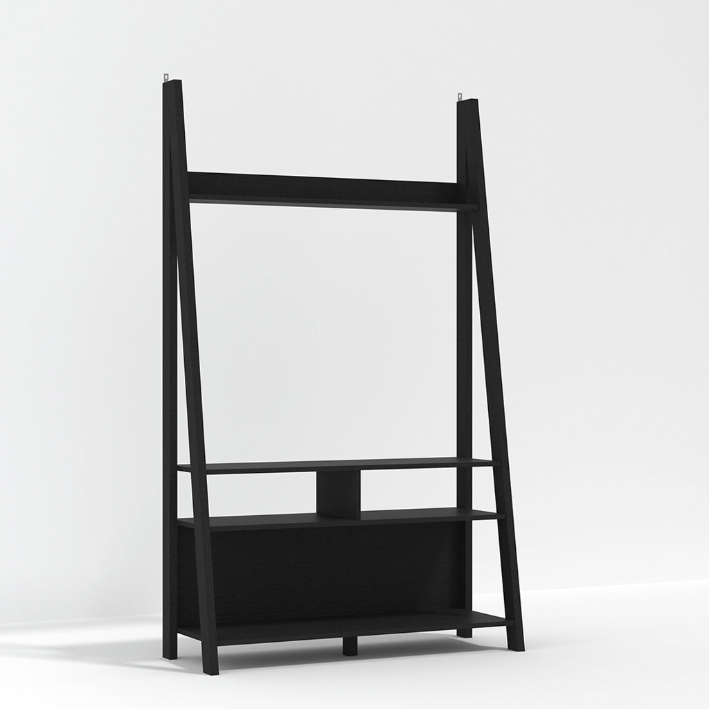 Harry Christian Home Black Ladder Media Unit Black ladder shelf on a white background