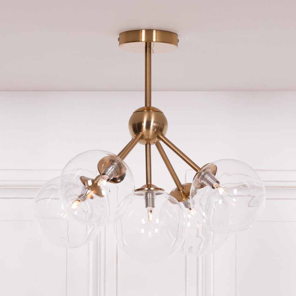 Gold Satin Deco 5 Arm Sputnik Glass Ball Ceiling Light