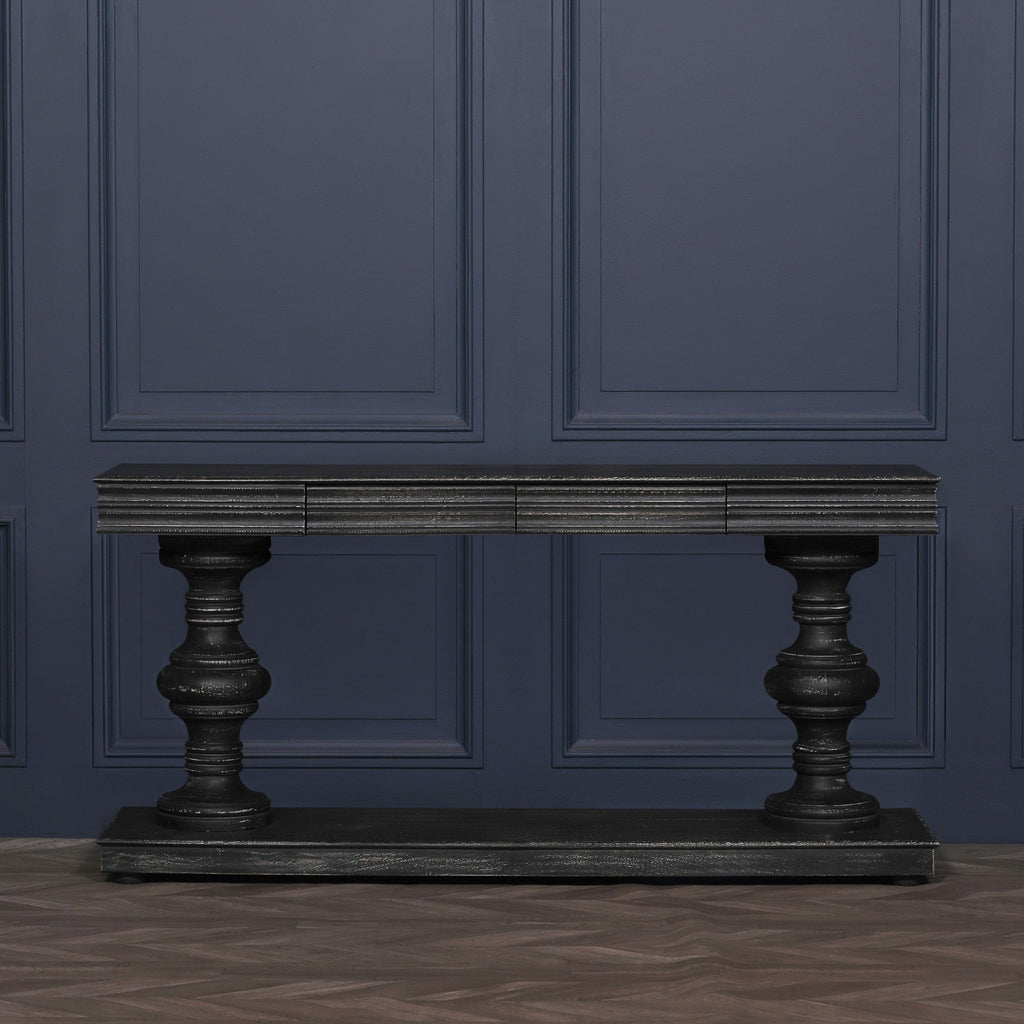 180cm Black Distressed Console Table with Drawers