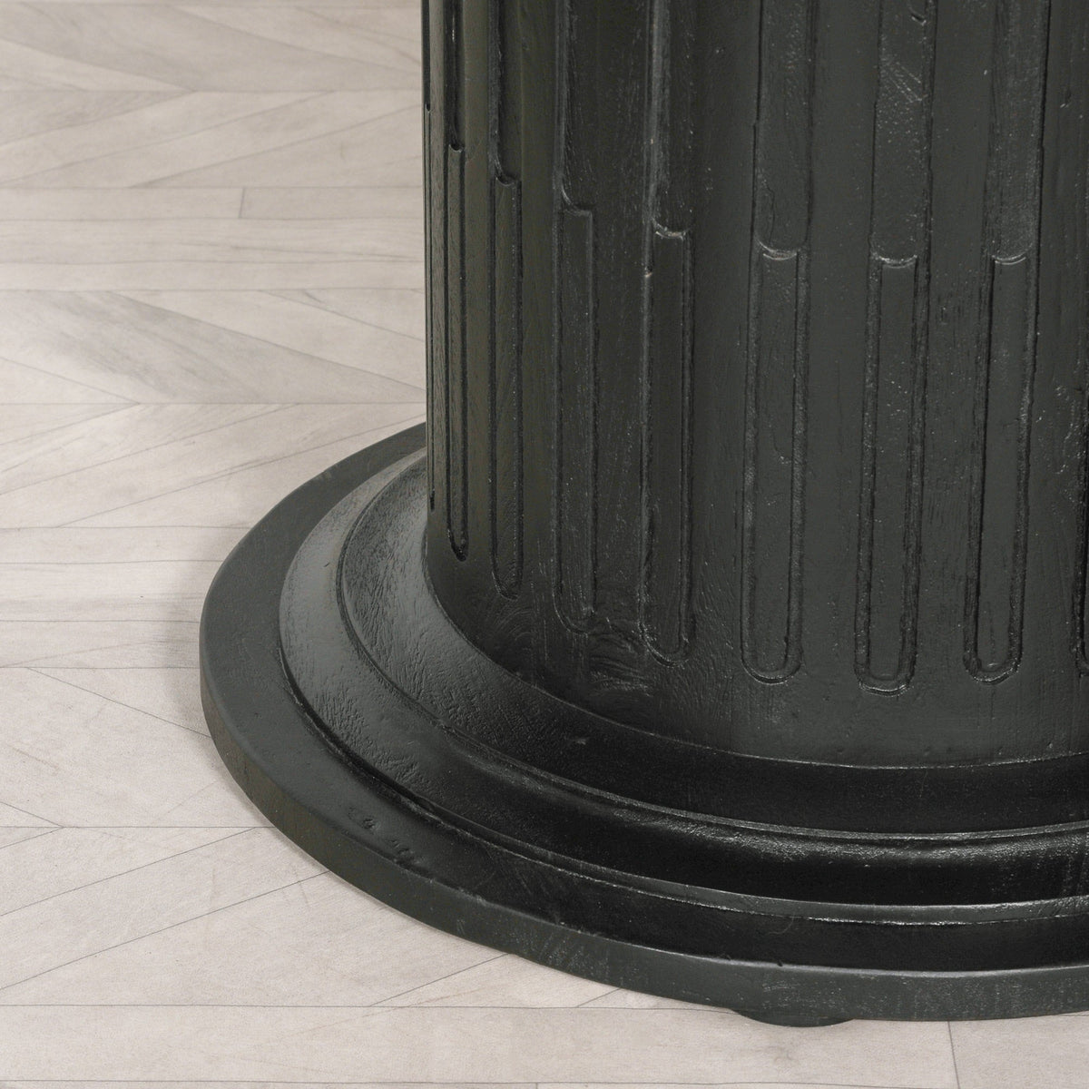 Black Wooden Round Column Dining Table With 4 Black Painted Wooden Cane Dining Chairs