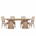 Wooden Column Rectangular Dining Table 220cm With 6 Louis Square Backed Chairs.