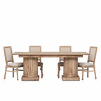 Wooden Column Rectangular Dining Table 220cm With 6 Louis Square Backed Chairs.