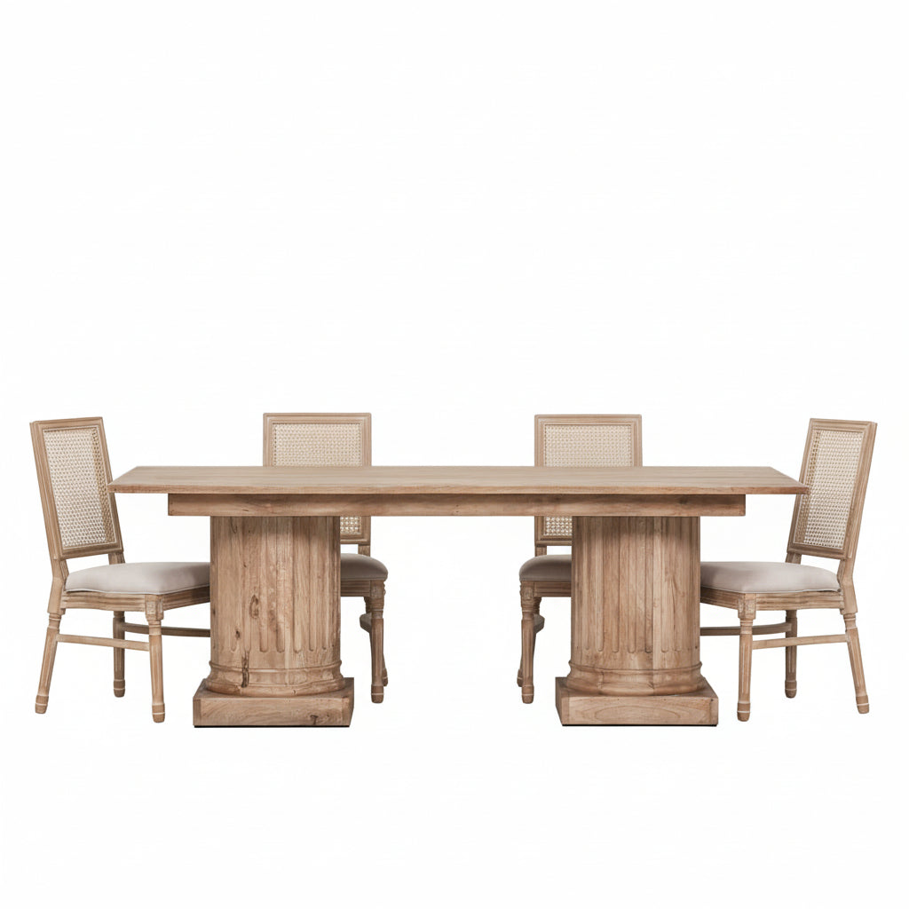 Wooden Column Rectangular Dining Table 220cm With 6 Louis Square Backed Chairs.
