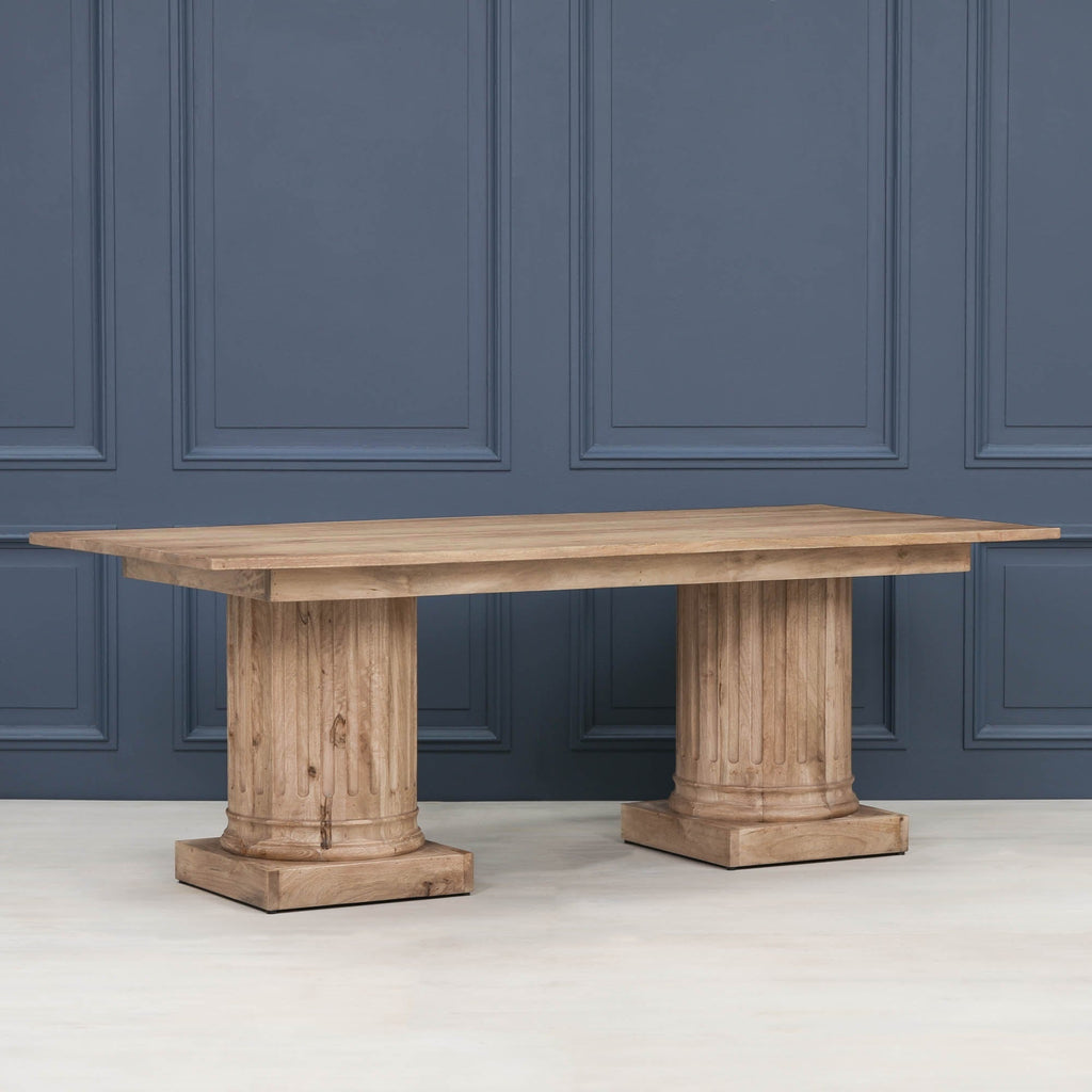 Wooden Column Rectangular Dining Table 220cm With 6 Louis Square Backed Chairs.