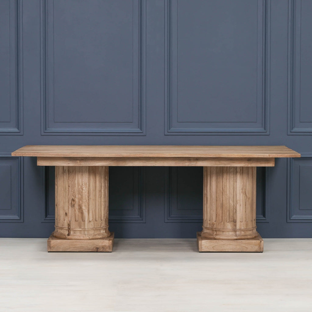 Wooden Column Rectangular Dining Table 220cm With 6 Louis Square Backed Chairs.