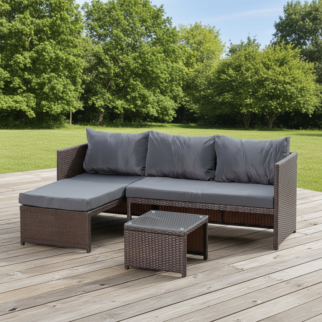 Left Hand Facing Outdoor Rattan Corner Sofa and Table in Brown and Grey