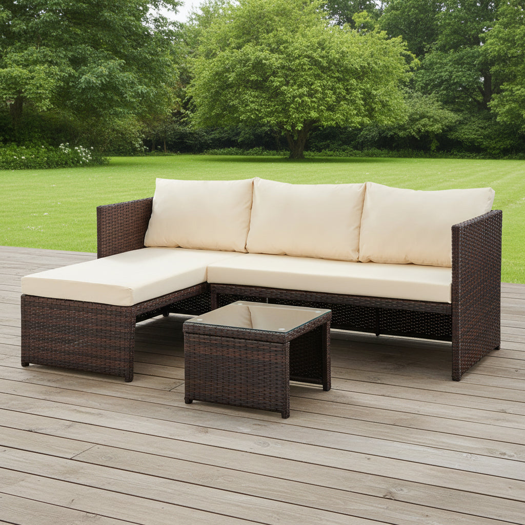 Left Hand Facing Outdoor Rattan Corner Sofa and Table in brown and cream