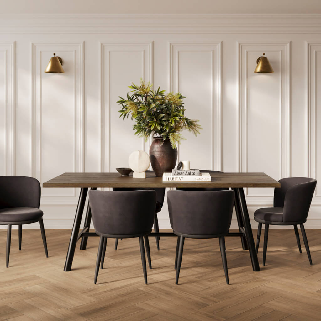 Dark Wooden Dining Table With Black Legs