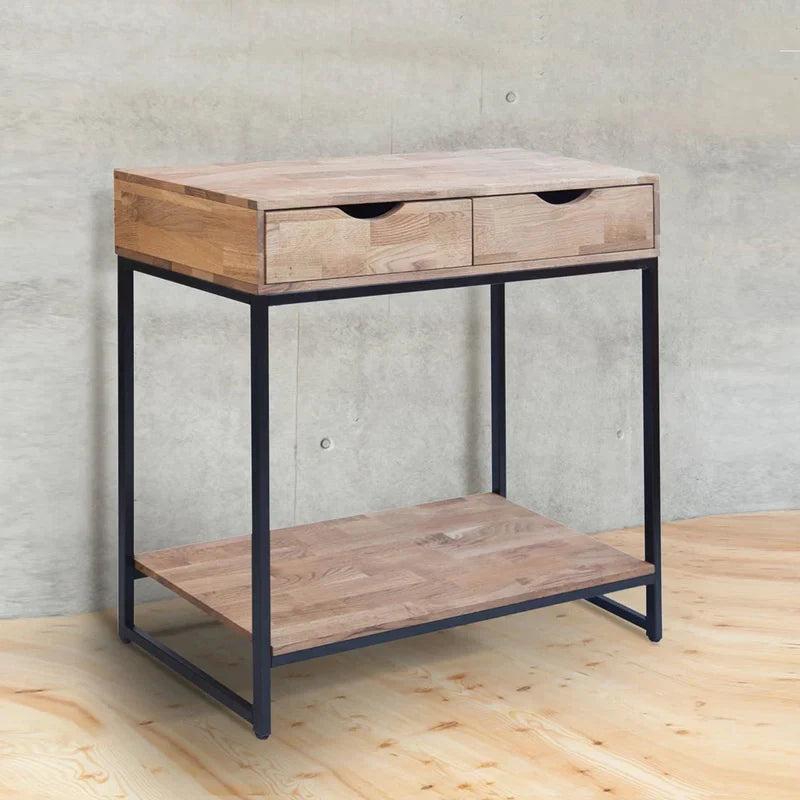 Industrial Console Table Solid Oak Black Metal Frame