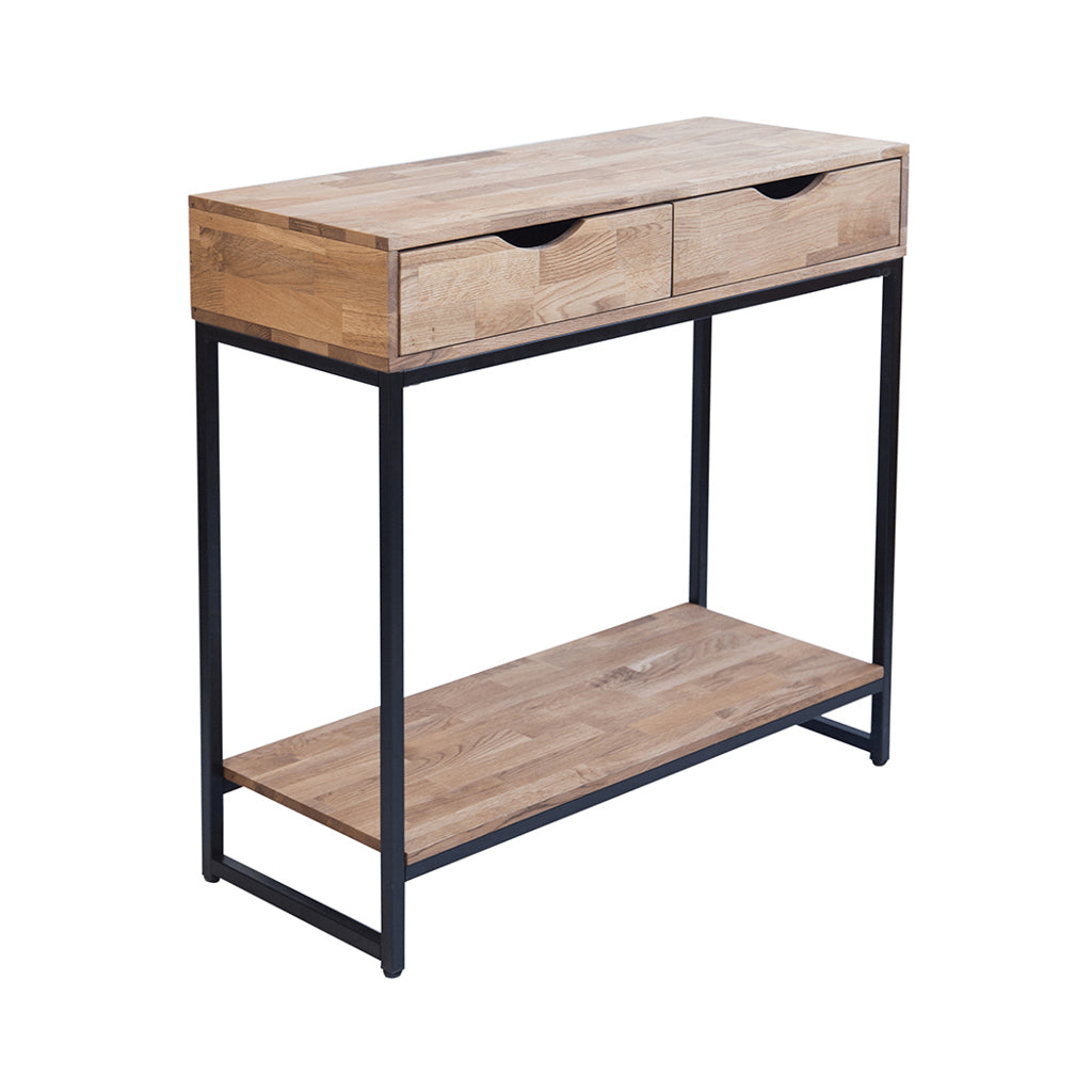 Industrial Console Table Solid Oak Black Metal Frame