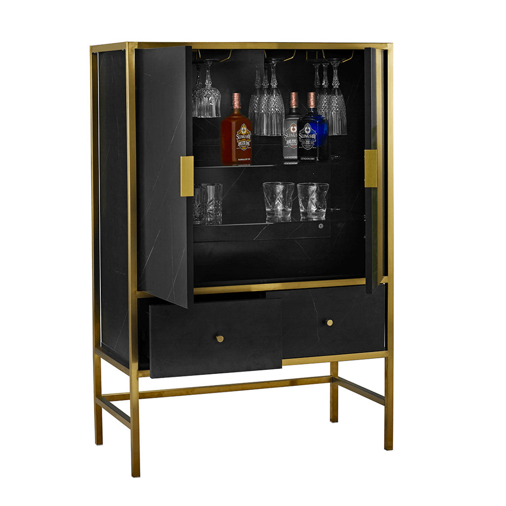 Black Marble Effect Drinks Cabinet With Gold Frame