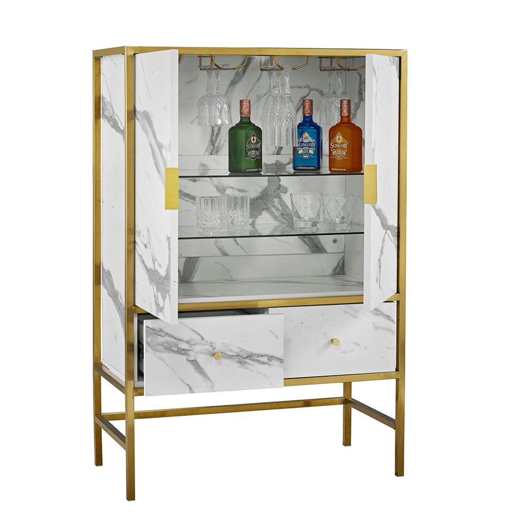White Marble Effect Drinks Cabinet With Gold Frame
