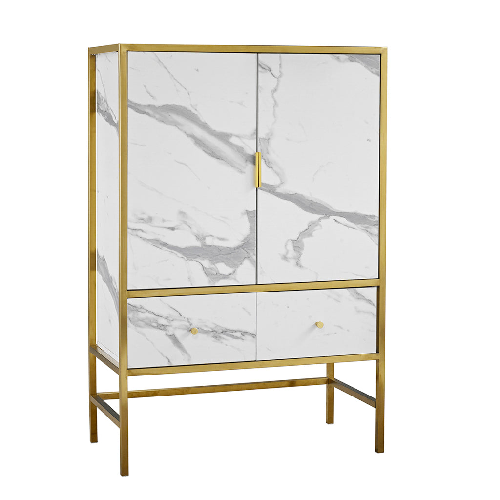 White Marble Effect Drinks Cabinet With Gold Frame