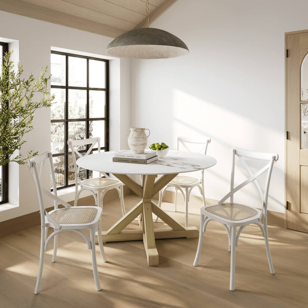 Rustic Wood & Circular Marble Top Dining Table