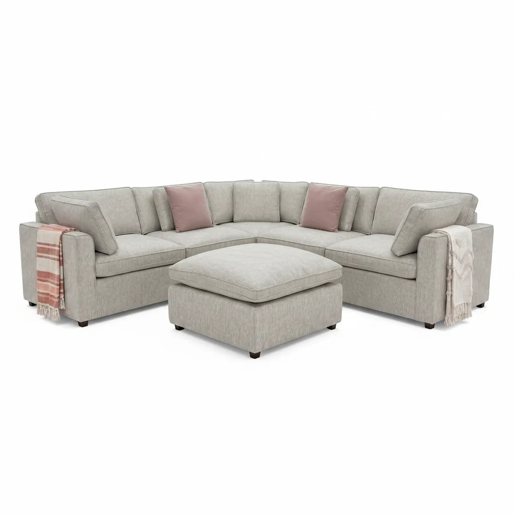 Santorini Sofa Grey Large Corner with Footstool. Heritage Home UK. Free Delivery and set up included. Grey Linen  Weaved Upholstery. 