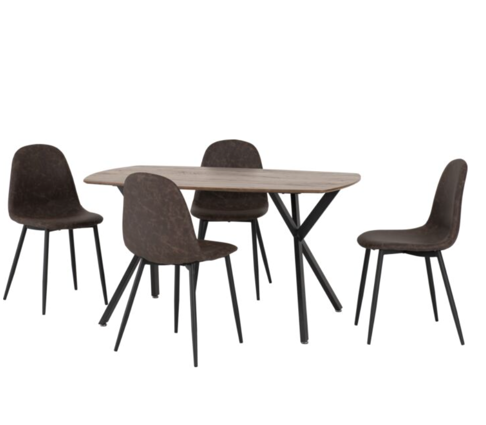 Wooden Dining Table with 4 Faux Brown Leather Chairs