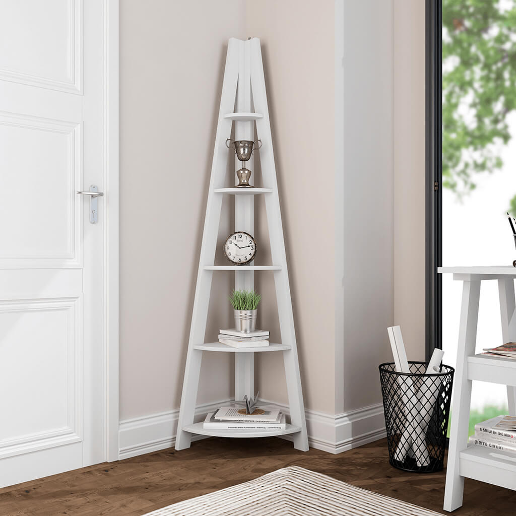 White Corner Ladder Shelving Unit