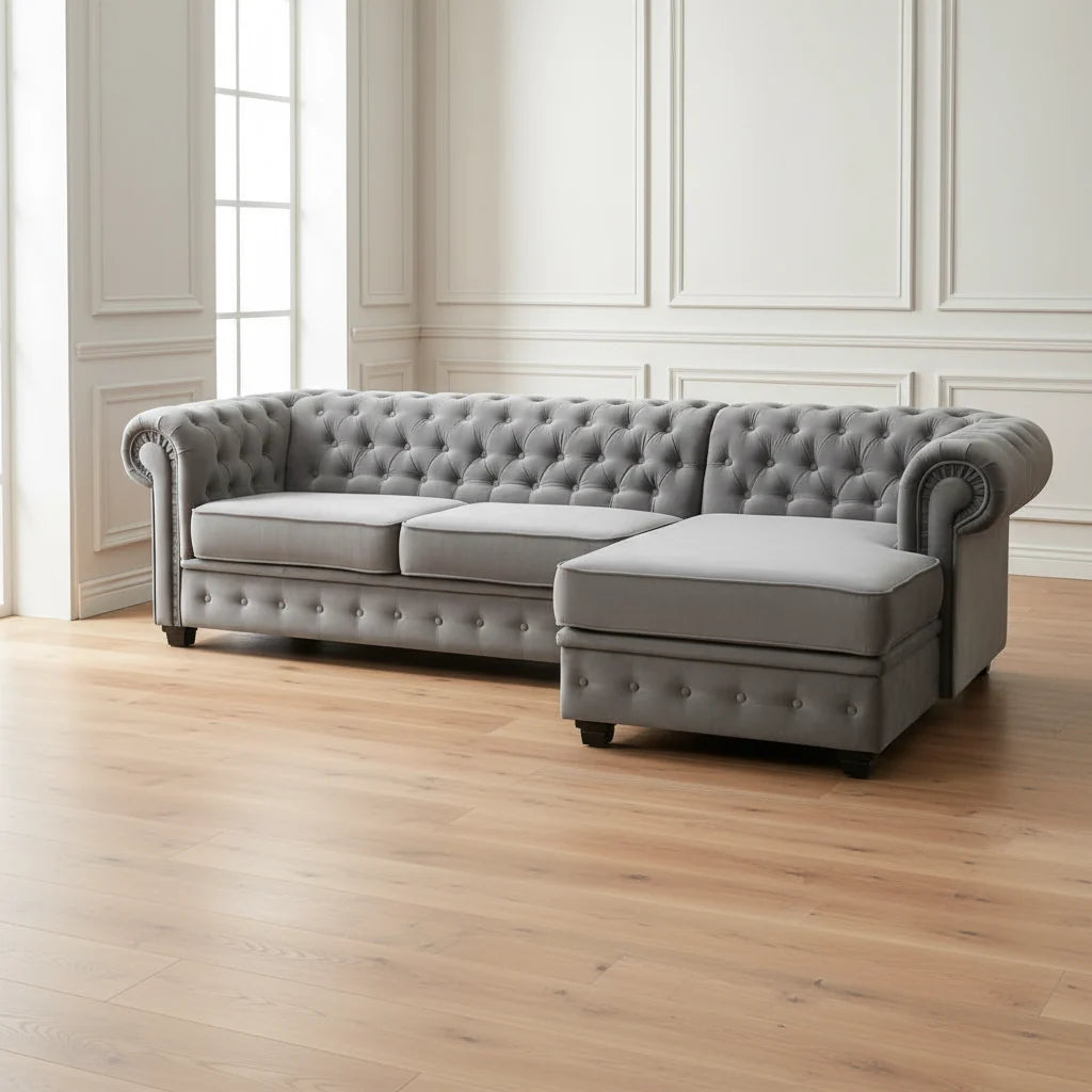 Chesterfield Universal Corner Sofa in Dark or Light Grey Upholstery