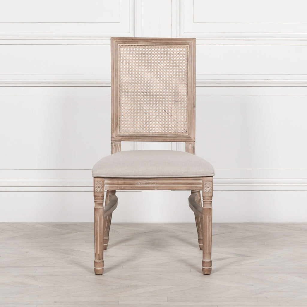 Wooden Column Rectangular Dining Table 220cm With 6 Louis Square Backed Chairs.