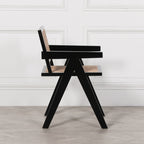 Black Wooden Round Column Dining Table With 4 Black Painted Wooden Cane Dining Chairs