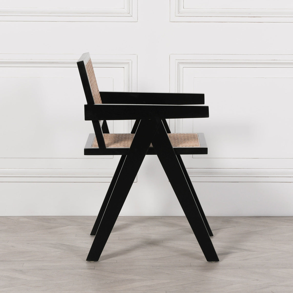 Black Wooden Round Column Dining Table With 4 Black Painted Wooden Cane Dining Chairs