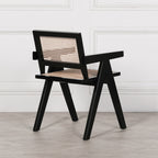 Black Wooden Round Column Dining Table With 4 Black Painted Wooden Cane Dining Chairs