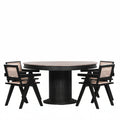Black Wooden Round Column Dining Table With 4 Black Painted Wooden Cane Dining Chairs