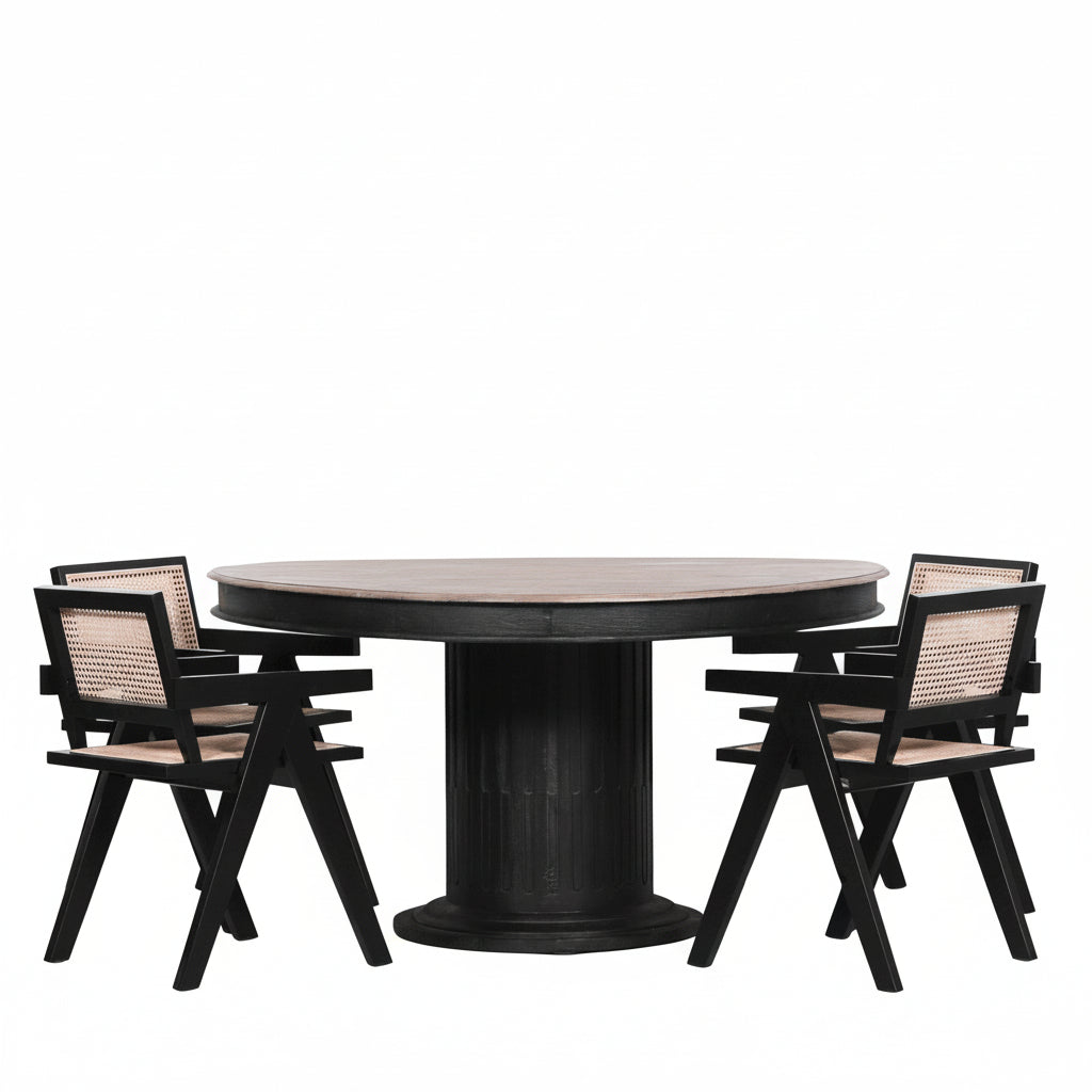 Black Wooden Round Column Dining Table With 4 Black Painted Wooden Cane Dining Chairs