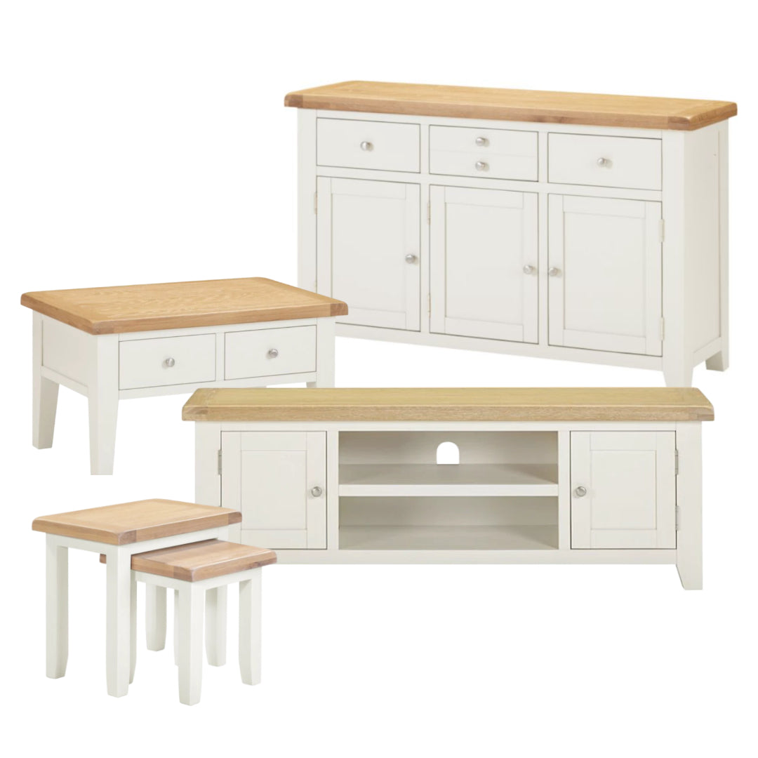 4 Piece Ivory & Oak Living Room Furniture Set