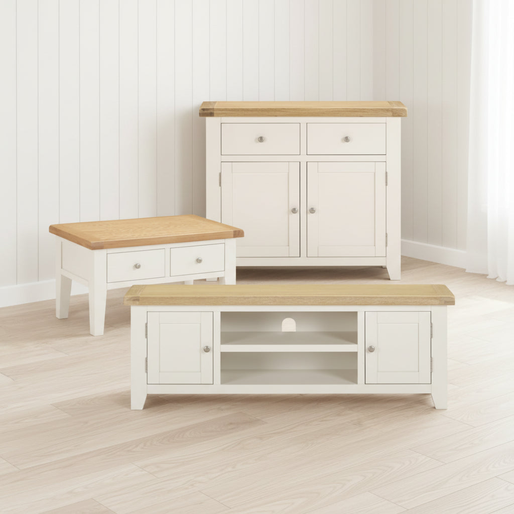 3 Piece Ivory & Oak Living Room Furniture Set