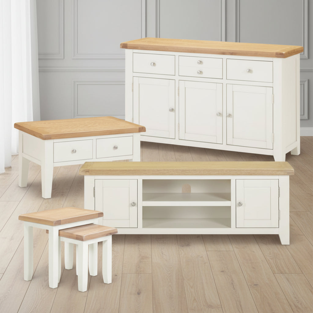 4 Piece Ivory & Oak Living Room Furniture Set