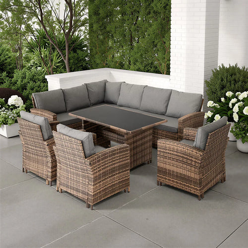 Aspen Corner Garden Furniture Set – Brown Rattan / Grey Fabric 