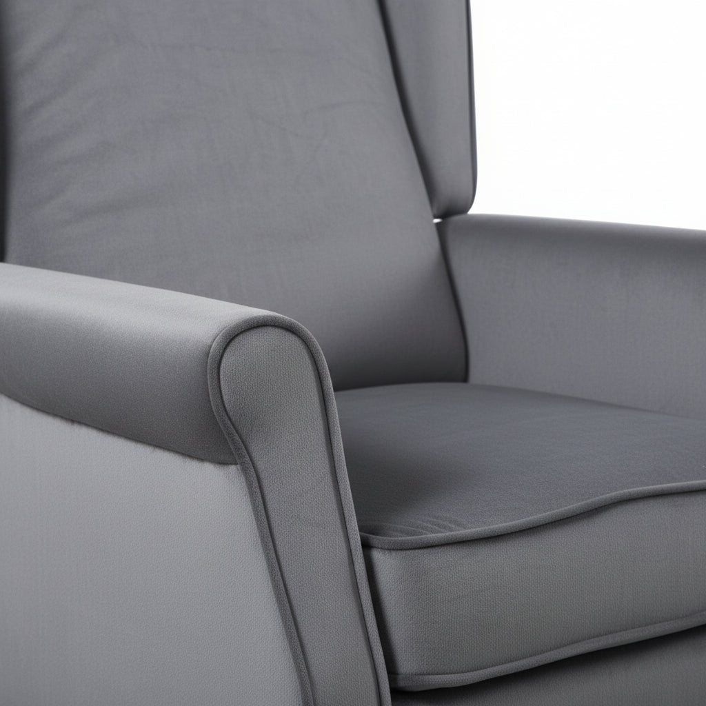 Grey Velvet Armchair with Reclining Back Function and Oak Legs