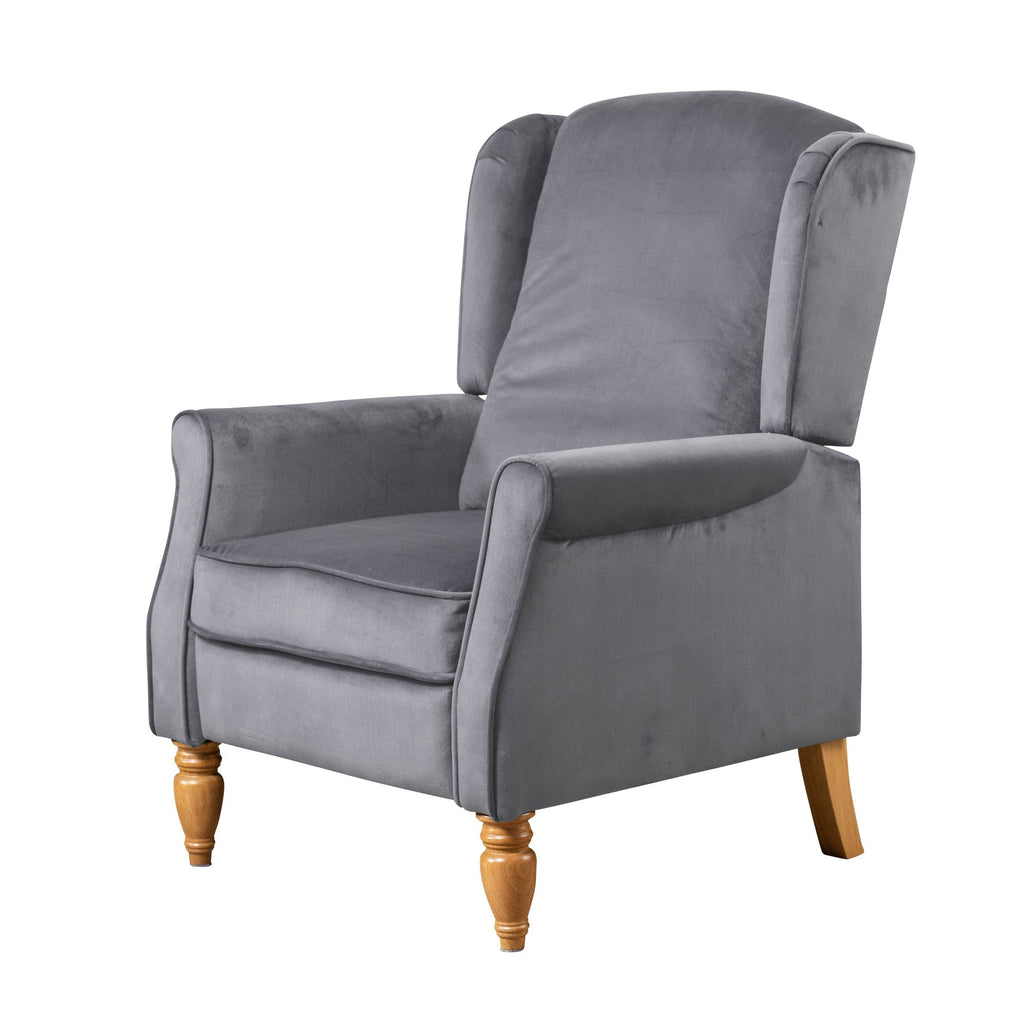 Grey Velvet Armchair with Reclining Back Function and Oak Legs